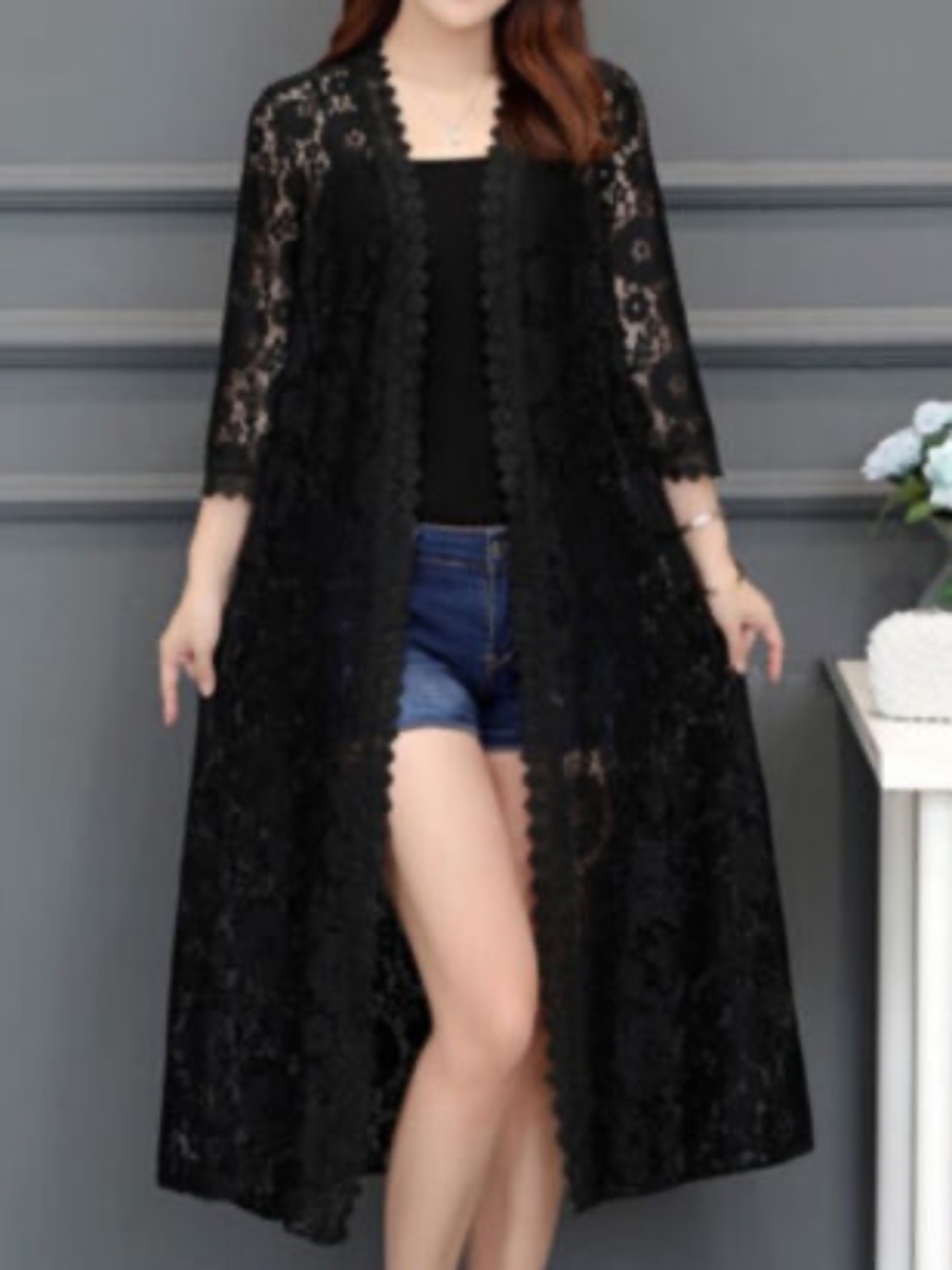 Lady Lace Kimono Floral Embroidered Open Front Cardigan Midi Shawl Jacket Casual
